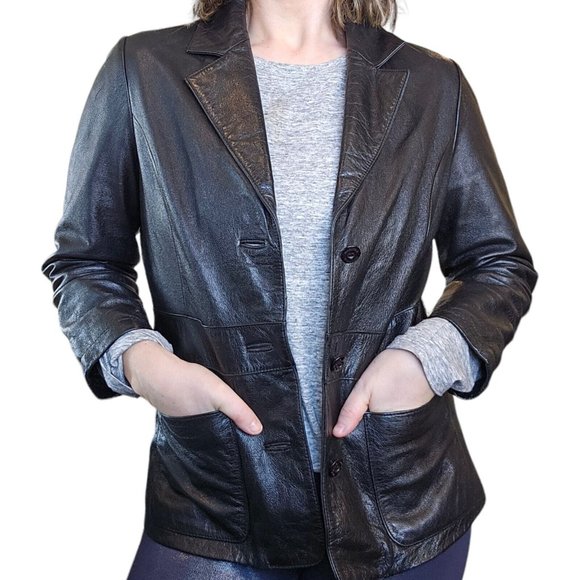 Retro 90s Black Leather Classic Womens Blazer Jacket Petite Small Wilsons Button - Picture 1 of 14
